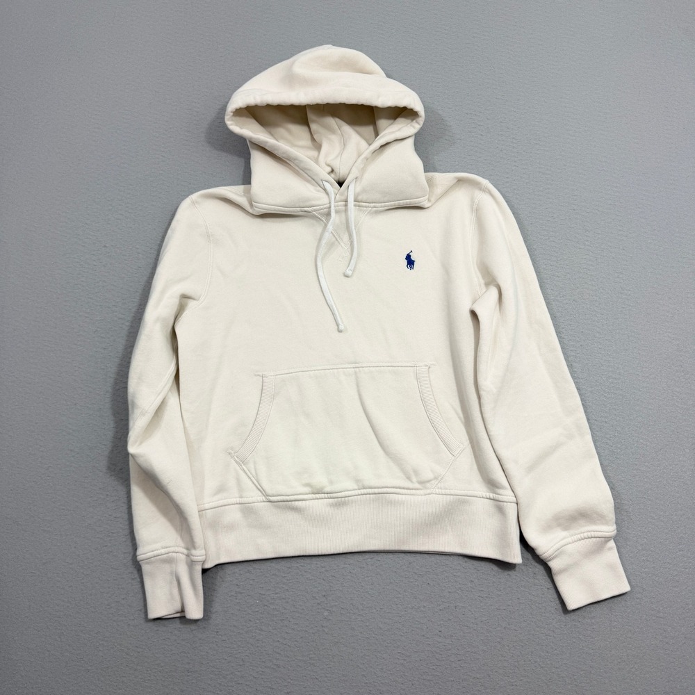 Polo Ralph Lauren Hoodie Women Large Cream Fleece Pullover Blue Pony Logo Preppy